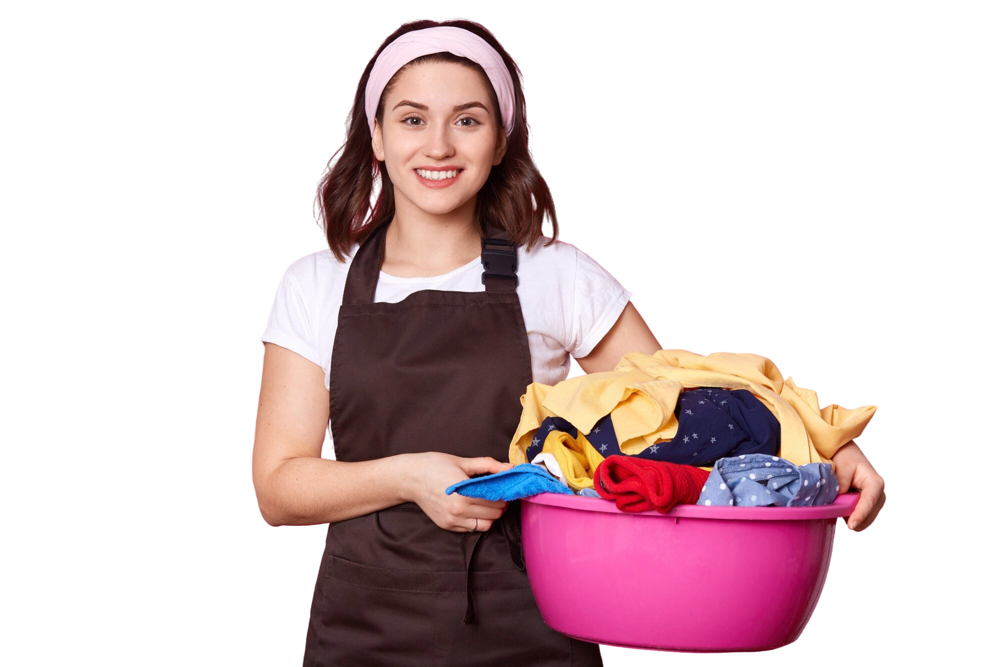 A smiling Zippidobi MOM holding a basin of fresh laundry